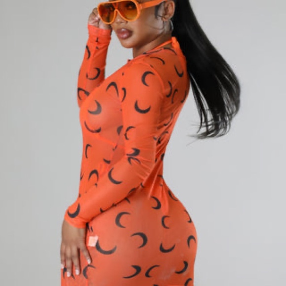 Vibrant Orange Moon Pattern Long Sleeve Dress